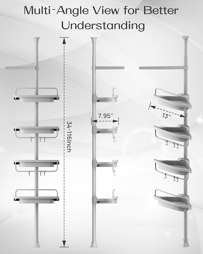 ALLZONE Corner Shower Caddy Tension Pole, Extendable Rustproof Stainless Steel Pole & 4-Tier Adjustable Shelves for Easy Drainage and Built-to-Last Stability, 34 to 116 Inches, Grey