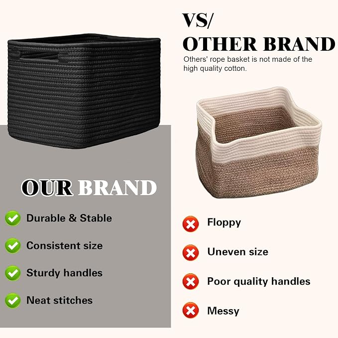 Storage Baskets for Organizing, 4 Pack Baskets for Shelves, Decorative Storage Bins for Shelves, Cotton Rope Storage Basket with Handles, Woven Basket for Storage, 13''Lx8.7''Wx7.9''H, Black