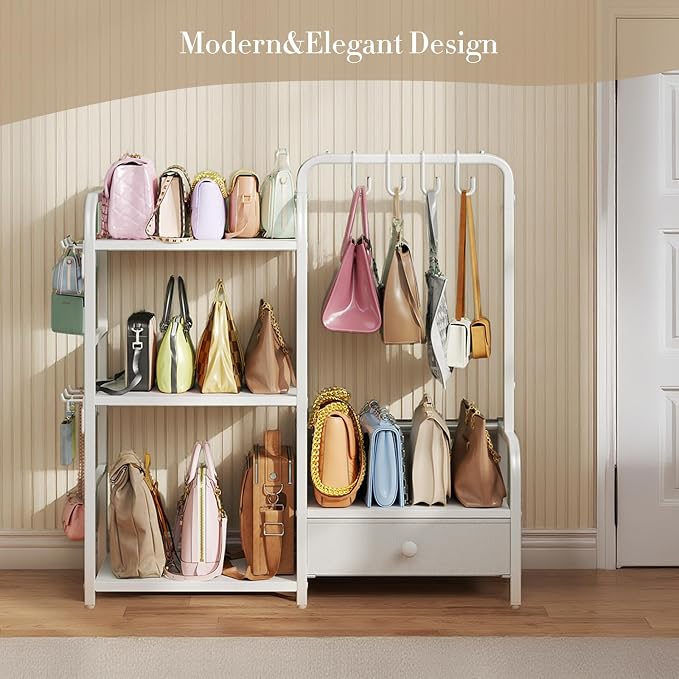 Purse Organizer for Closet, with Bottom Drawer, Extra Large Capacity 3 Tier Handbag Storage Rack for Women, 10 Purse Hanger and Hooks for Bag Organizer, Floor-Standing, Home, Living Room (White)