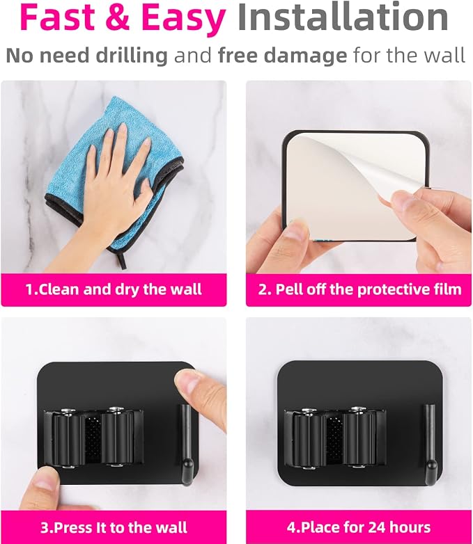 Broom and Mop Holder, Super Anti-Slip Wall Mount, Self Adhesive Gripper for Bathroom, Garage and Laundry Room Storage, Black