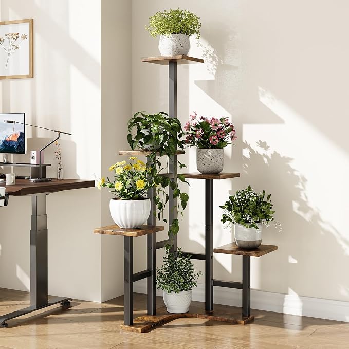 Yzosvki Corner Plant Stand Indoor Set of 2, 6 Tiered Corner Plant Shelf Flower Stand for Multiple Plants, Plant Shelves Organizer Rack, Square Rustic Brown