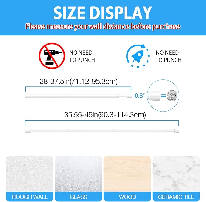 1 Pack Spring Tension Rods 28-45 Inches, 5/8 Inch Diameter White No Drill Spring Loaded Adjustable Extendable, Small Short Tension Curtain Rod for Windows Kitchen Doorway Closet Cupboard