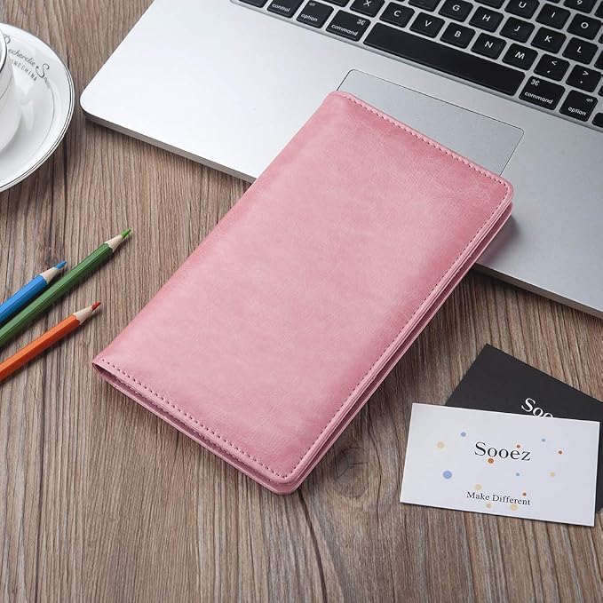 Sooez Leather Professional Business Card Book Holder Organizer, 240 Capacity Credit Card Booklet, PU Name Cards Holder Storage File for Men Women, 7.7"x 4.5" x 0.7", Pink