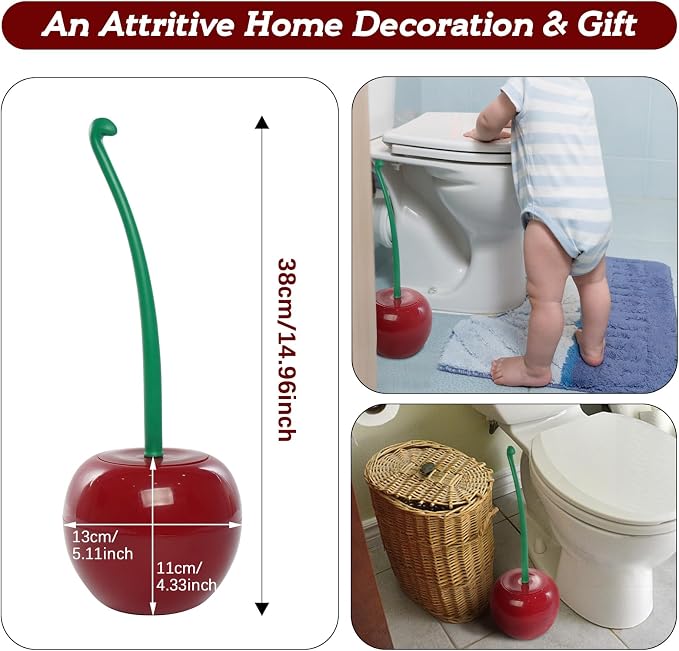 Creative Toilet Brush with Holder Bowl&Long Handle, Household Bathroom Cleaning Tool Cleaner and Base for Storage&Organization, Thick Bristle for Deep Clean-Rust Resistant Leakproof-Red Cherry Shape | Red Cherry Shape/ Household Bathroom Cleaner with B...