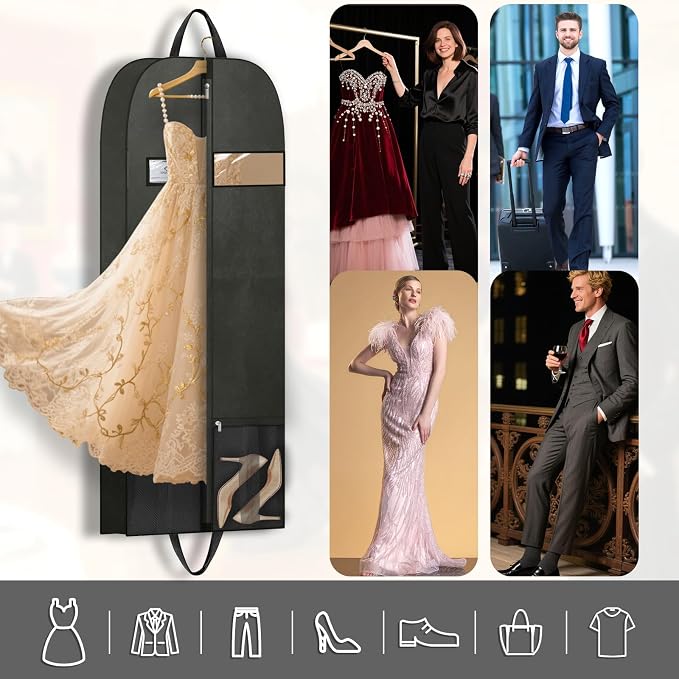 Long Garment Bag for Hanging Clothes Travel, 60'' Dress Bags for Gowns Long Dance Costumes Womens Coats, Suit Bag Clothes Cover for Closet Storage With Handles Pockets and Zipper, Black