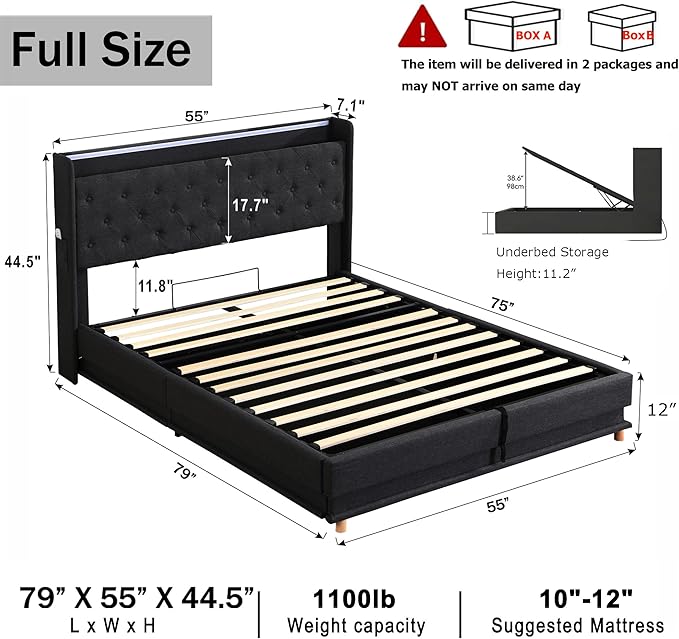 Ailisite Lift Up Storage Bed Full, Bed Frame Full Size with Charging Station & Led Lights, Upholstered Storage Bed with Wingback 2-Tier Bookcase Headboard, Hydraulic Lift, No Box Spring Needed,Black | lift up bed, breathable material