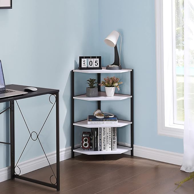 VECELO 31 Inch Corner Shelf, 4-Tier Display Shelves, Wood Storage Stand with Metal Frame, Multipurpose Shelving Unit for Small Space, Home Office, White