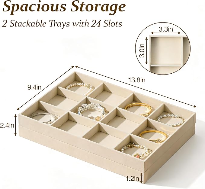 pickpiff Drawer Jewelry Organizer & Display Trays: 2pcs 12grid Velvet Stackable Jewelry Case (13.8x9.4x1.2inch) - Soft Beige Necklace Holder Bracelet Display Watch Box