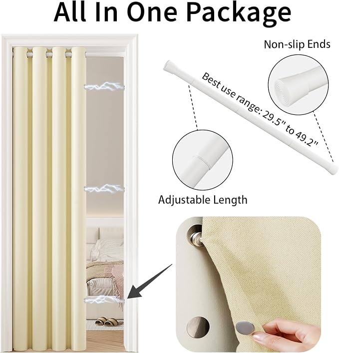 Vatge Magnetic Door Curtain with Rod - W52 x L82, 1 Panel, Light Beige | Door Curtain for Doorways, Room Divider for Living Room
