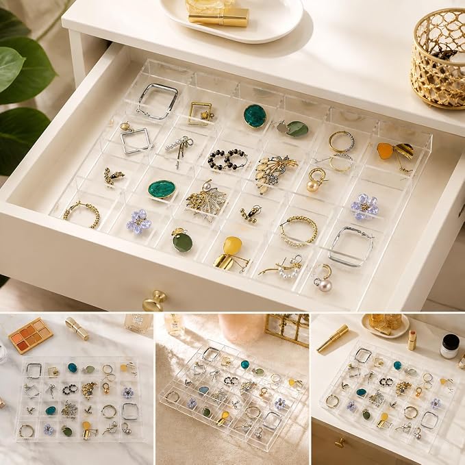 Large Clear Jewelry Organizer Display Tray, Storage Case for Rings, Earrings, Necklaces, Acrylic Drawer Organizer Trays (24 Grids)