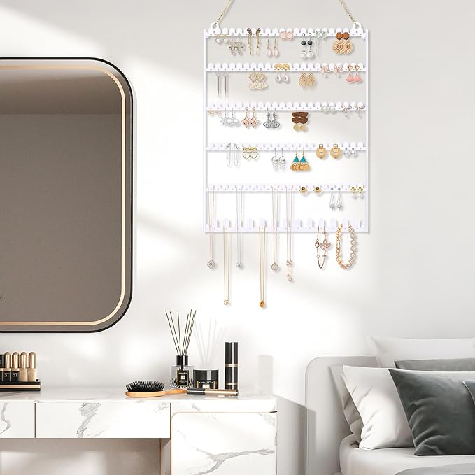 6 Tier Earring Holder Wall Mounted Hanging Earring Organizer White ﻿ | Earring Display Storage with 123 Holes and 129 Grooves Jewelry Organizer Tree for Stud/Hoop/Dangle Earrings Necklace