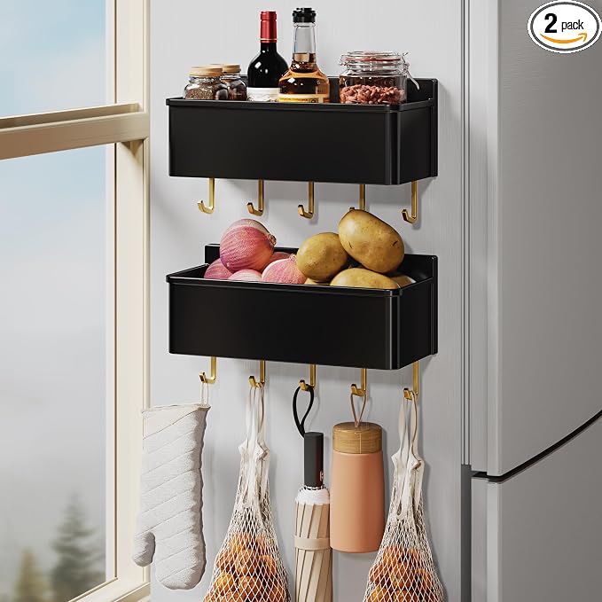 Magnetic Spice Rack for Refrigerator 2 Pack Large Magnet Shelf for Fridge Kitchen Storage Organization with 10 Removable Golden Hooks