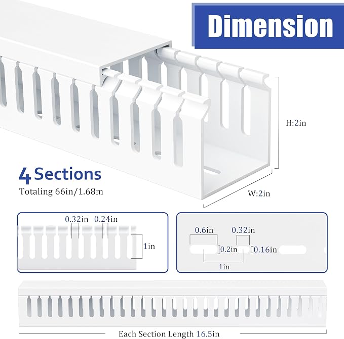 2" H x 2" W Cable Raceway, 66in Under Desk Wire Management Channel, White | Slotted Wire Duct, 4Pack, 16.5in Each, Heavy-Duty PVC Cable Management for Server Racks, Network Cables & Electrical Cabinets
