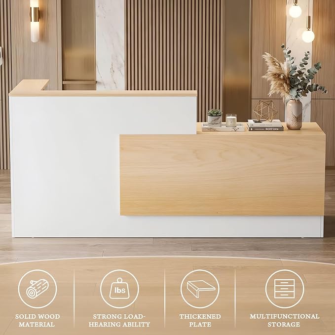 Ceridwen L-Shaped Large Wooden Reception Desk, Modern Front Desk Reception Counter with Lockable Drawers, Storage & Keyboard Tray for Office Lobby Checkout (Right-Oak & White, 71''L x 34''W x 41''H)