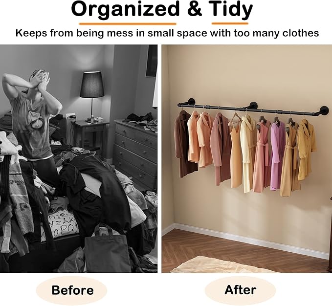 Wall Mounted Clothes Rack 72.5in, Industrial Pipe Clothing Racks Wall Mount, Heavy Duty Detachable Iron Garment Bar, Saving Space, Multi-Purpose Hanging Rod for Bedroom, Laundry Room, 1 Pack