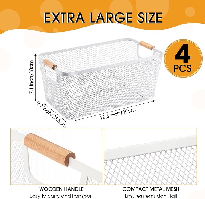 Ziliny 4 Pcs Metal Mesh Wire Baskets with Wooden Handles for Organizing, Pantry Organizers and Storage Steel Bin Kitchen Baskets for Fruit Potato Onion Snacks Bathroom Cabinet(Extra Large,Cream White)