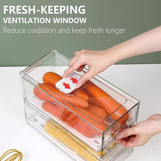 2 Pack Fruit Storage Containers for Fridge, Stackable Refrigerator Organizers with Strainer Layer，Reusable Storage Containers Clear Fridge Drawer for Produce,Vegetable in Kitchen,Fridge,BPA-Free