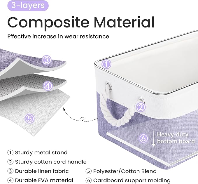 Storage Baskets for Shelves 13.8x9.8x6.7 Inch, Foldable Fabric Storage Bins with Handles, Small Storage Baskets for Organizing Closet, Office, Home Organization (3-Pack, White&Purple)