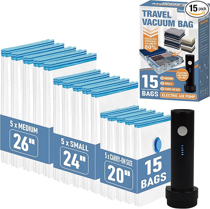 Travel Vacuum Storage Bags with Rechargeable USB Air Pump, Space Saver Vacuum Seal Bags for Luggage, Sealer Compression for Clothes, Comforters, Blankets, Bedding, 15 Combo