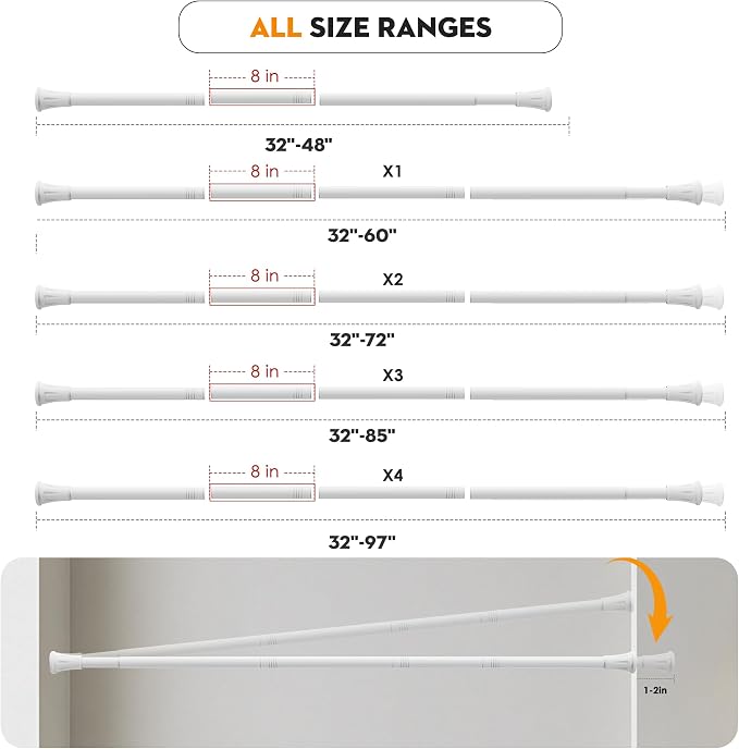 No Drilling Closet Rods for Hanging Clothes, Adjustable 32-72 in | Heavy Duty, White, Metal, 1.1 Inch Diameter, Suitable for Closet, Wardrobe, Laundry, RV