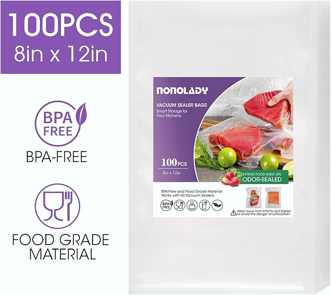 Vacuum Sealer Bags for Food, 100 Quart 8”x 12” Precut, Commercial Grade, BPA Free, Heavy Duty with Textured Surface & Puncture Prevention for Food Vac Storage, Freezer, Sous Vide, Meal Prep