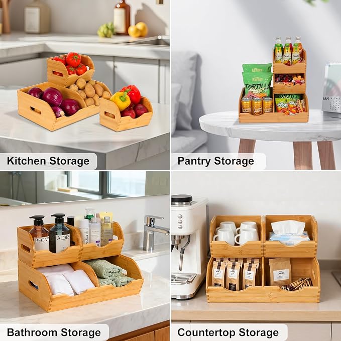 Bamboo Pantry Organizer Bins, Countertop Storage Container for Onion and Potato, Upgraded Airflow Design Keeps Fruits and Vegetables Fresh, Multi-Purpose for Kitchen, Snack Storage, Bathroom(3 Pack)