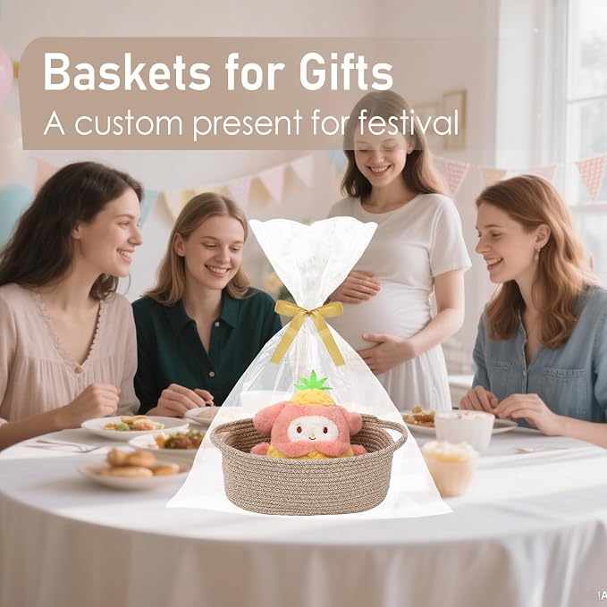 JMvicyroam Woven Basket,Small Rope Storage Bin with Handles & Ribbon Bag, Organizer for Shelves Closets,Gift Basket Empty for Birthday,Books,Dog Toys,Oatmeal/2 Pack