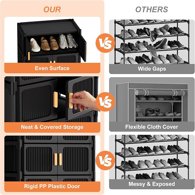 Shoe Rack, 7 Tier Shoe Storage Cabinet with 6 Doors, 21 Pair Plastic Shoe Cabinet with Waterproof, Outdoor Shoe Shelves Organizer for Entryway, Bedroom, Hallway,Living Room, Black