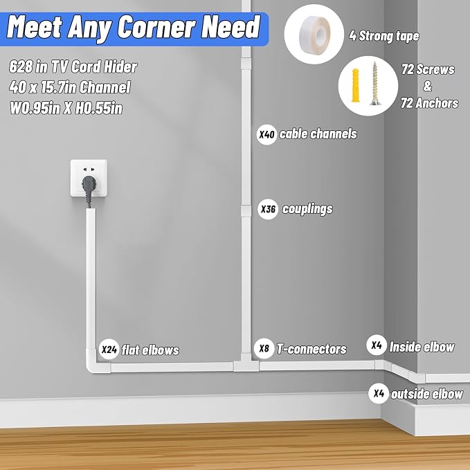 Cable Raceway Kit 628 Inch Cord Cover Channel Paintable Wire Hider | L15.7 x W0.95 x H0.55in Cable Concealer, Hide TV Wires & Power Cords, Wall Mount Cord Management for Home Office