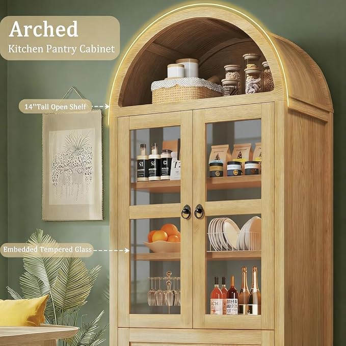 71" Tall Arched Kitchen Pantry, Pantry Cabinet, Kitchen Storage Cabinets with 2 Large Drawers & Adjustable Shelves & Glass Door for Living Room,Dining Room, Natrual