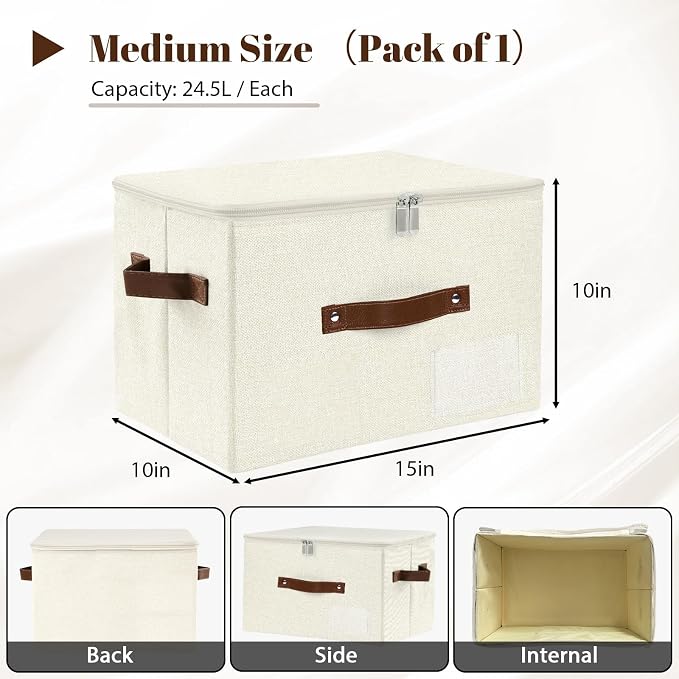 ANMINY Fabric Storage Box Bins with Zipper Lid, Washable Beige | Cotton Linen Fabric, PP Board Frame, Label Holder, Stackable & Foldable, PU Handles, Dual-Zipper 3-Side Open Lid, Medium