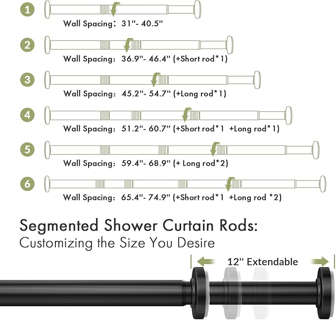 AmazerBath Spring Tension Shower Curtain Rod, 31-75 Inches Heavy Duty Tension Rod Rust Proof Bathroom Curtain Rod, Adjustable No Drill Easy Segmented Installation, Black