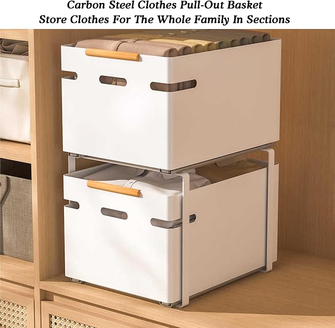 Pull Out Storage Basket,bedroom Closet Storage Racks,2-tier Stackable Storage Bins,20kg Weight Capacity,for Kitchen Bathroom Cabinets(White,43x32x55.2cm)
