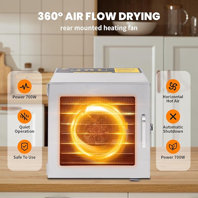 FAHKNS Food Dehydrator Machine, 8 Stainless Steel Trays, 700W Dehydrated Dryer, 190ºF Temperature Control, 24-Hour Timer, Dryer for dried meats, herbs, meats, beef, fruits and vegetables