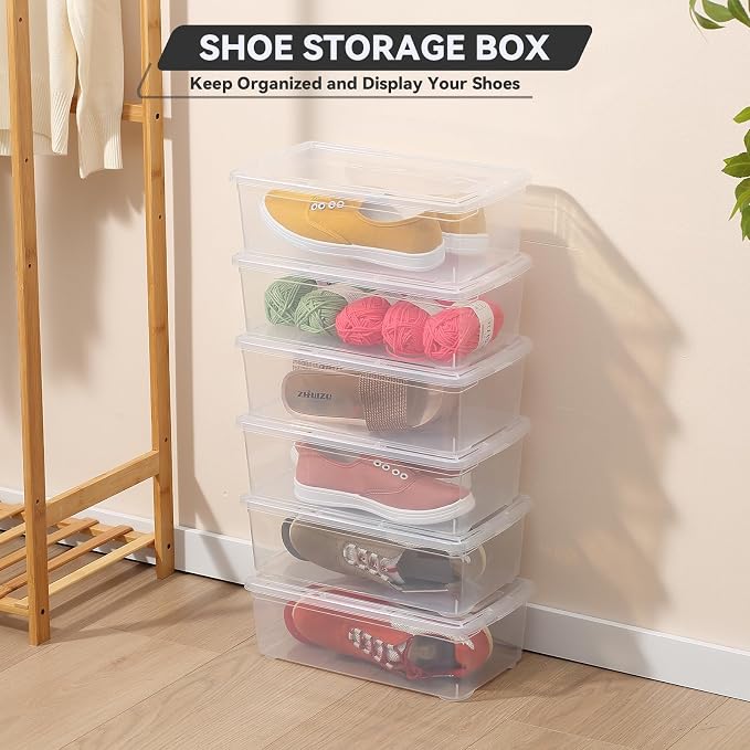 novelinks 12 Pack 6QT Plastic Storage Bins with Lids, Shoe Boxes (Clear) | Clear Shoe Storage Boxes, Shoe Boxes Clear Plastic Stackable, Shoe Bins, Shoe Containers, Craft Organizers and Storage