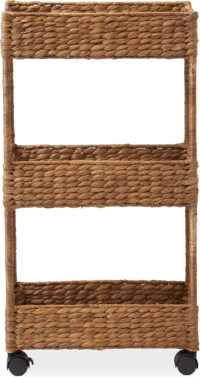 Casafield 3-Tier Slim Rolling Storage Cart - Cinnamon, Water Hyacinth Utility Cart for Bathroom, Craft Room, Nursery, Laundry Room Organization