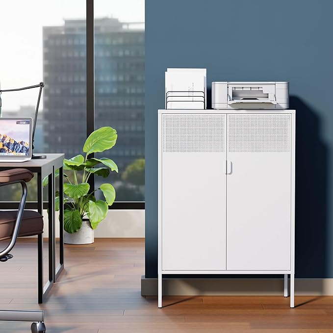Ustamio 2 Door Accent White Metal Storage Cabinet with Adjustable Shelves and Air Vent Doors, 3 Tier Metal Sideboard Cabinet for Home, Office, Entryway, Hallway, Assembly Required, (LC-WGG-W)