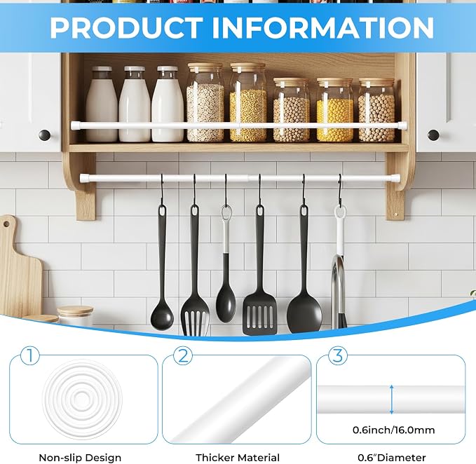 2 Pack Spring Loaded Tension Rod 16-26" Adjustable Curtain Rods No Drill Extendable Spring Rod Tension Curtain Rods For Window Kitchen Shelves Rv Refrigerator And Small Spaces,White