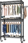 Golpart Heavy Duty Rolling Clothes Rack Wheels Portable Metal Garment Rack | Wardrobe Adjustable Wire Shelving Metal Double Clothing Racks for Hanging Clothes Organizer Closet Laundry Room Organization