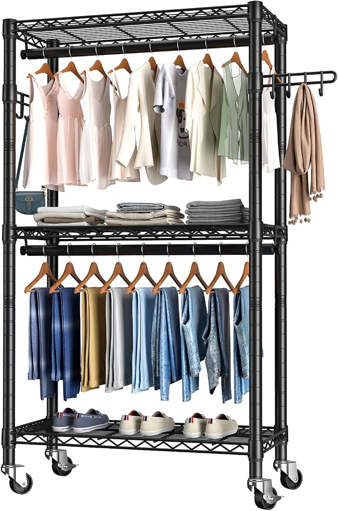 Golpart Heavy Duty Rolling Clothes Rack Wheels Portable Metal Garment Rack | Wardrobe Adjustable Wire Shelving Metal Double Clothing Racks for Hanging Clothes Organizer Closet Laundry Room Organization