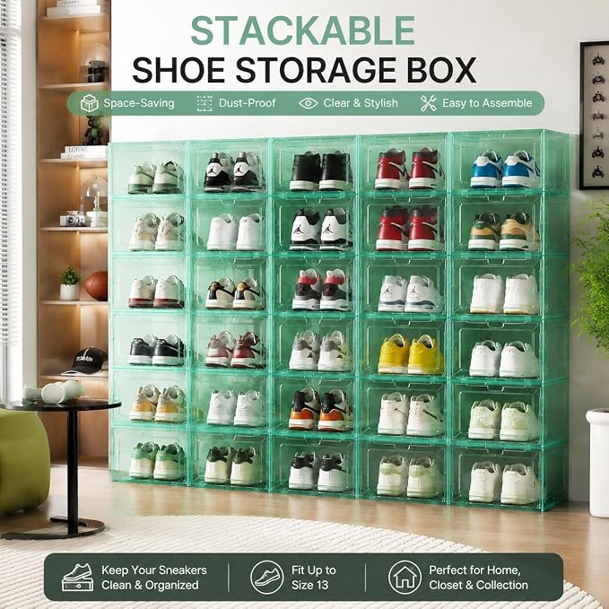 1 Pack Green Stackable Shoe Box for Men’s Sneakers, Magnetic Drop-Front Organizer for Closet or Display, Fits Shoes up to Size 13 – 13.5 x 10.55 x 7.5 In