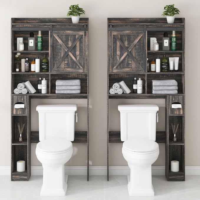 Vabches Over The Toilet Storage Cabinet with Sliding Barn Door. Dark Grey | Farmhouse Storage Cabinet with Toilet Paper Holder Stand, Home Space-Saving Toilet Rack, for Bathroom, Restroom, Laundry