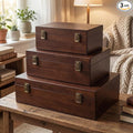 Sliner 3 Pcs Wooden Decorative Storage Boxes with Lids Vintage Wood Organizer Bins for Your Bookshelf Home Decor Safely Store Photos Documents Memory Jewelry Craft Storage (Dark Brown,S M L Size)