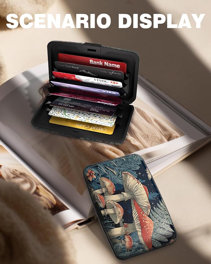 Maicican Credit Card Holder, Mini RFID Blocking Aluminum Wallet | Slim Metal Hard Case Travel Wallet ID Case for Women and Men, 4.3 x 2.9 Inches, Starry Night Mushroom