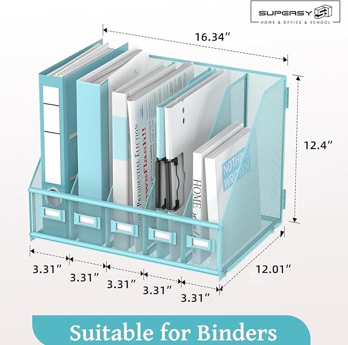 SUPEASY Desk Organizers Metal Desk Magazine File Holder with 5 Vertical Compartments Rack File Organizer for Office Desktop, Classroom, Home Workspace, Blue Plus