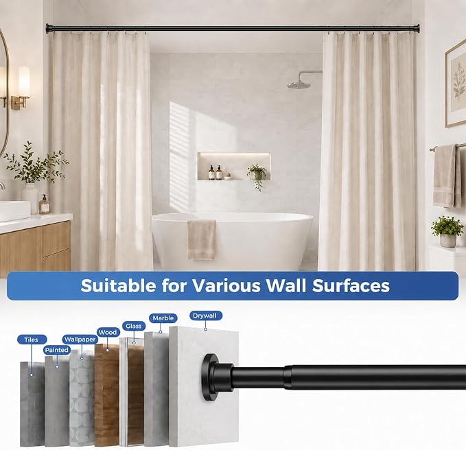 ALLZONE Heavy Duty Tension Shower Curtain Rod 42-83 Inches for Bathroom, Window, Non-Slip, Adjustable with Strong Spring Pole for Closet, Doorway, No Rust, No Drilling, Black