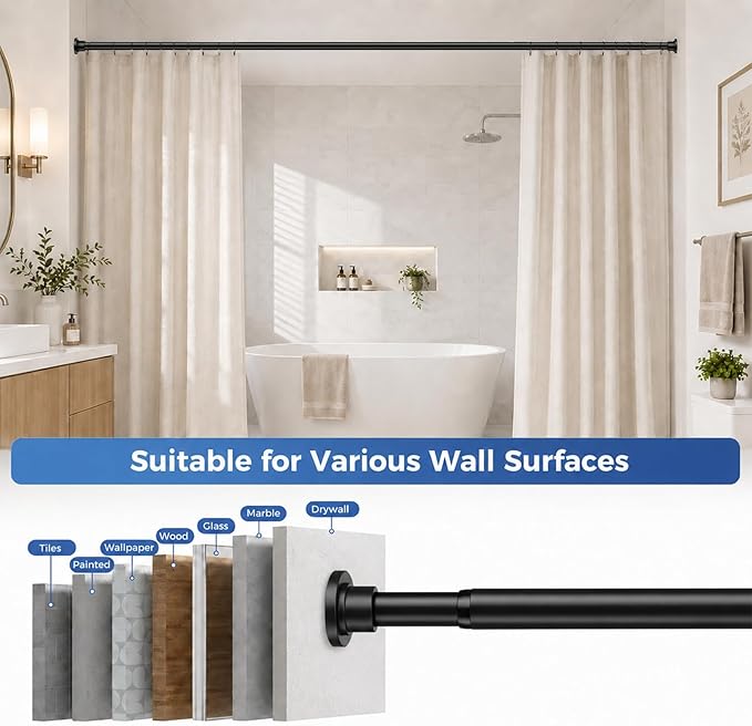 ALLZONE Adjustable Tension Curtain Rod, 42 to 78 Inches, Spring Loaded Curtain Rods No Drilling, Renter Friendly Tension Rod for Windows, Shower, Closet, No Drill, Non-Slip, Black