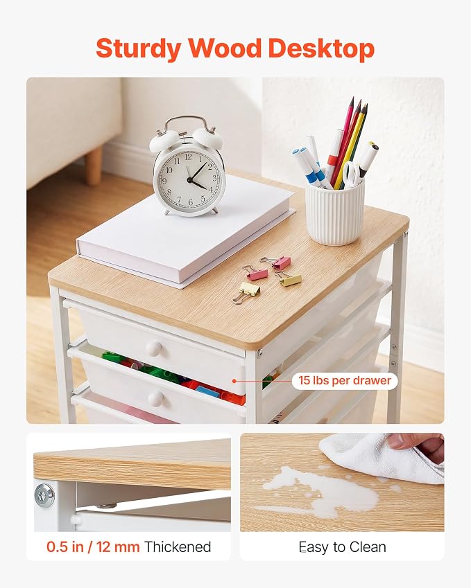 VEVOR Rolling Cart with Drawers, 5 Drawer Storage Organizer, Mobile Utility Cart with Wood Top, Steel Frame, Universal Casters & 2 Brakes, for Office, Classroom, Craft Supplies, Bedroom, Makeup, White