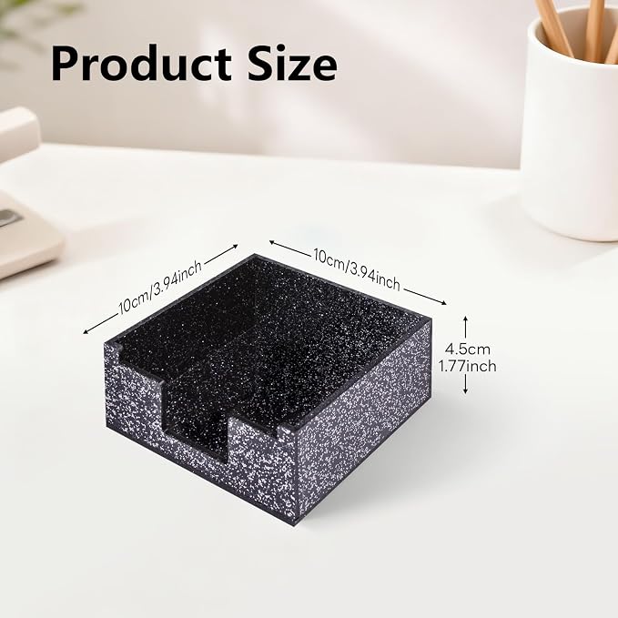 Acrylic Sticky Note Holder 4x4in Tray for Desk, Black Glitter | Sparkling glitter acrylic tray, fits 3x3 sticky notes, compact organizer for office school and home