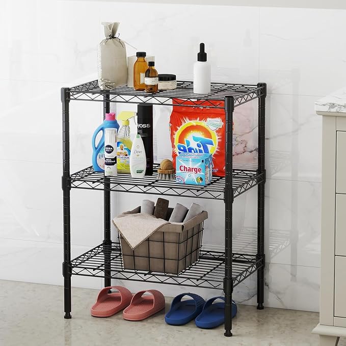 HealSmart 3-Tier Metal Wire Storage Shelves, Adjustable Standing Storage Rack Shelf, Heavy Duty Steel Shelving Unit Organizers for Kitchen Bathroom Pantry Garage, 23.2" W×13.4" D×30.3" H, Black